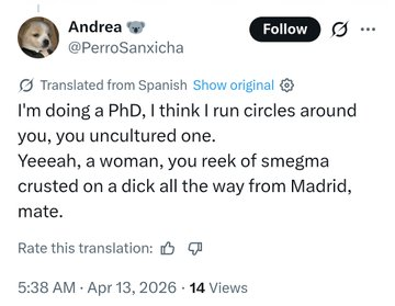 joeinkzero's tweet photo. @sanchezcastejon Educate your racist spinards

Be careful of Andrea, that Spanish racist with that hand. She’s trashy and has a really foul mouth, especially when it comes to sexual insults.
@AndaluzSinVox https://t.co/sIvtRI9wBS