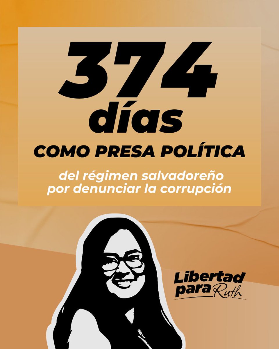 Cristosal's tweet photo. 374 días como presa política del régimen salvadoreño por denunciar la corrupción.

#LibertadParaRuth
#JuicioPúblicoParaRuth https://t.co/xz1HmjeXYy