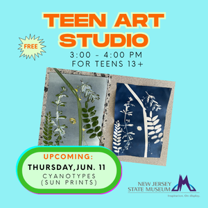 NJStateMuseum's tweet photo. The Museum has been offering a free after school drop-in art studio for teens (ages 13+). The program will be continuing throughout the summer months. The June session we'll be making cyanotypes, aka. sun prints. It's like photography without a lens! Offered Jun. 20, 3 - 4:00 pm. https://t.co/0q8Y0ftAVb