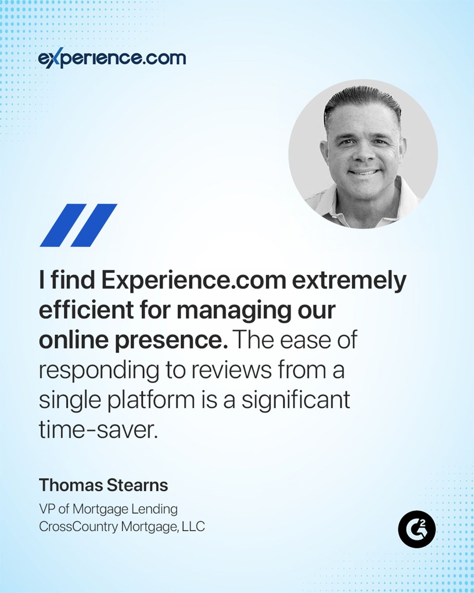 experience__com's tweet photo. Reputation management shouldn't be a full-time job.

"https://t.co/aXOXQUH2Bx is a significant time-saver. The ease of responding to reviews from a single platform is extremely efficient." – Thomas Stearns, @crosscountrymtg 

Simplify your online presence for free: Check comments https://t.co/ybbcl7t8Yy