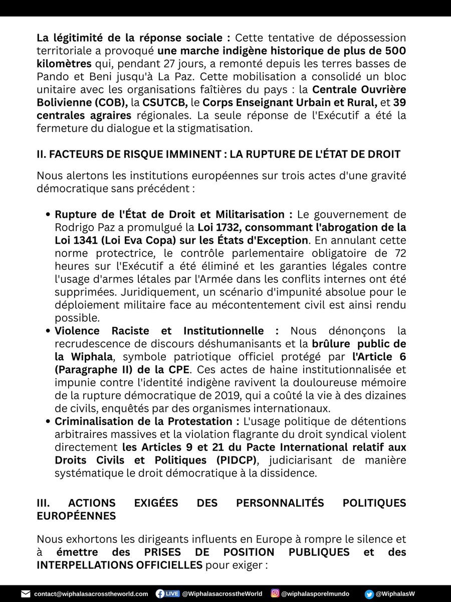 WiphalaF's tweet photo. Alerte : Menace sur l'État de droit en #Bolivie
Nous exhortons les dirigeants en Europe à rompre le silence et à émettre des PRISES DE POSITION PUBLIQUES et des INTERPELLATIONS OFFICIELLES pour exiger 👇🏽 : https://t.co/IKyvbsIGgs
