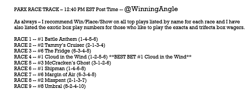 WinningAngle's tweet photo. WEDNESDAY PARX HORSES 🏇- Top Plays listed by name for each race (WPS) along with the exotic box play numbers for those that like the exacta/trifecta boxes.  Let's enjoy another fun day of racing and cash these tickets!! #HorseRacing #Parx https://t.co/7T7DVvmX8d