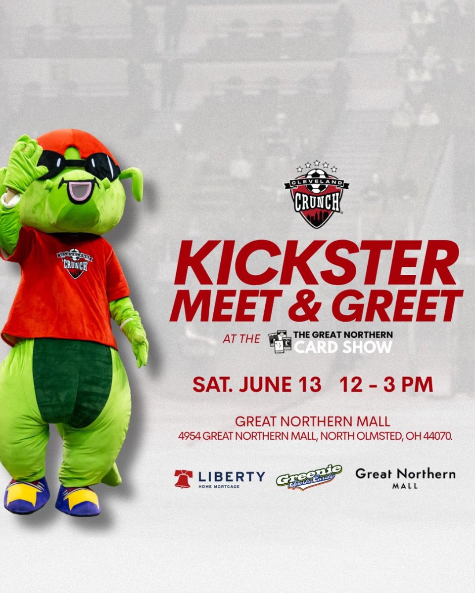 clecrunch's tweet photo. We’re teaming up with Great Northern Mall and @GreenieCards for a special Kickster Meet & Greet this June! ⚽️🎉

Join us on Saturday, June 13, from 12–3 p.m. at the Great Northern Card Show, where Kickster, the Official Cleveland Crunch mascot, will be taking photos, signing autographs, and meeting fans all afternoon.

We hope to see you there!
