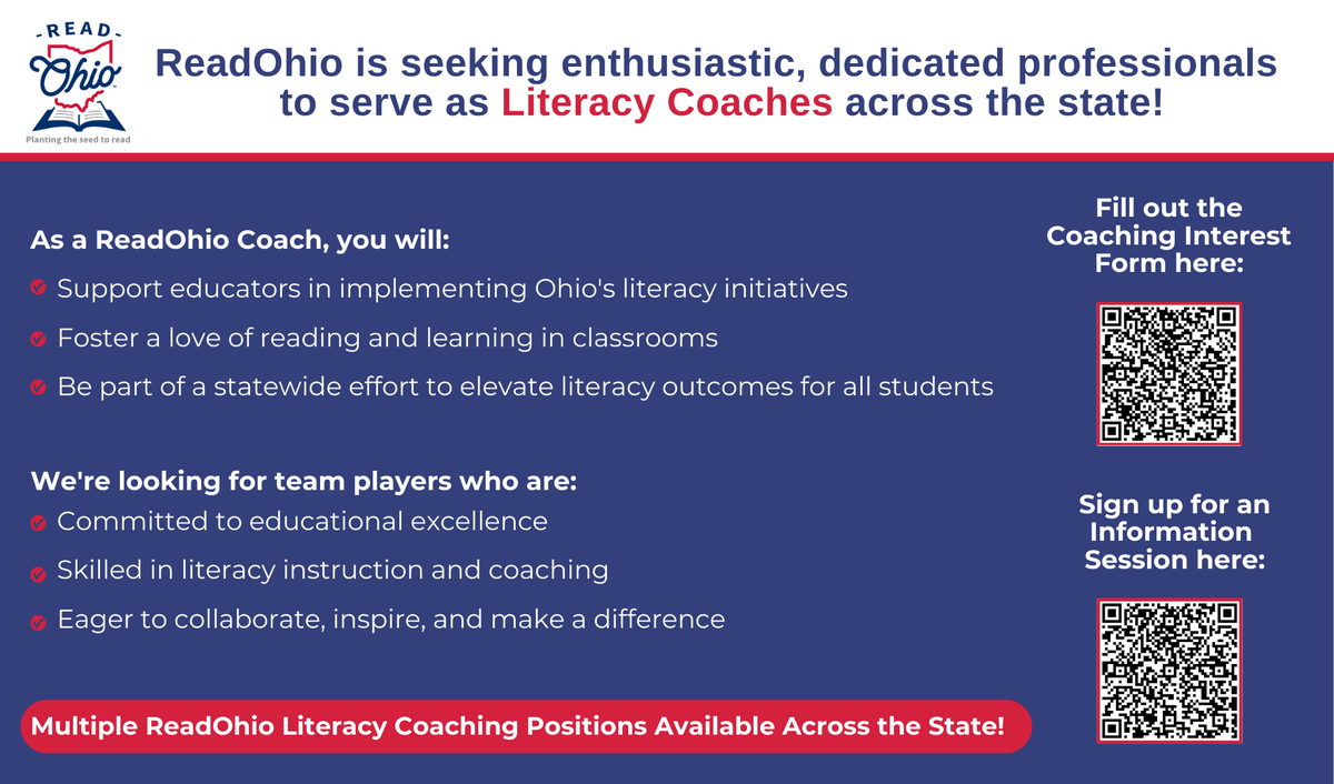 ecoesc's tweet photo. ReadOhio is hiring Literacy Coaches across Ohio! Support educators, champion the Science of Reading, and help elevate literacy outcomes for students statewide.

Fill out the Coaching Interest Form: https://t.co/O1TiZdMVNF https://t.co/AYGgQrBsqo