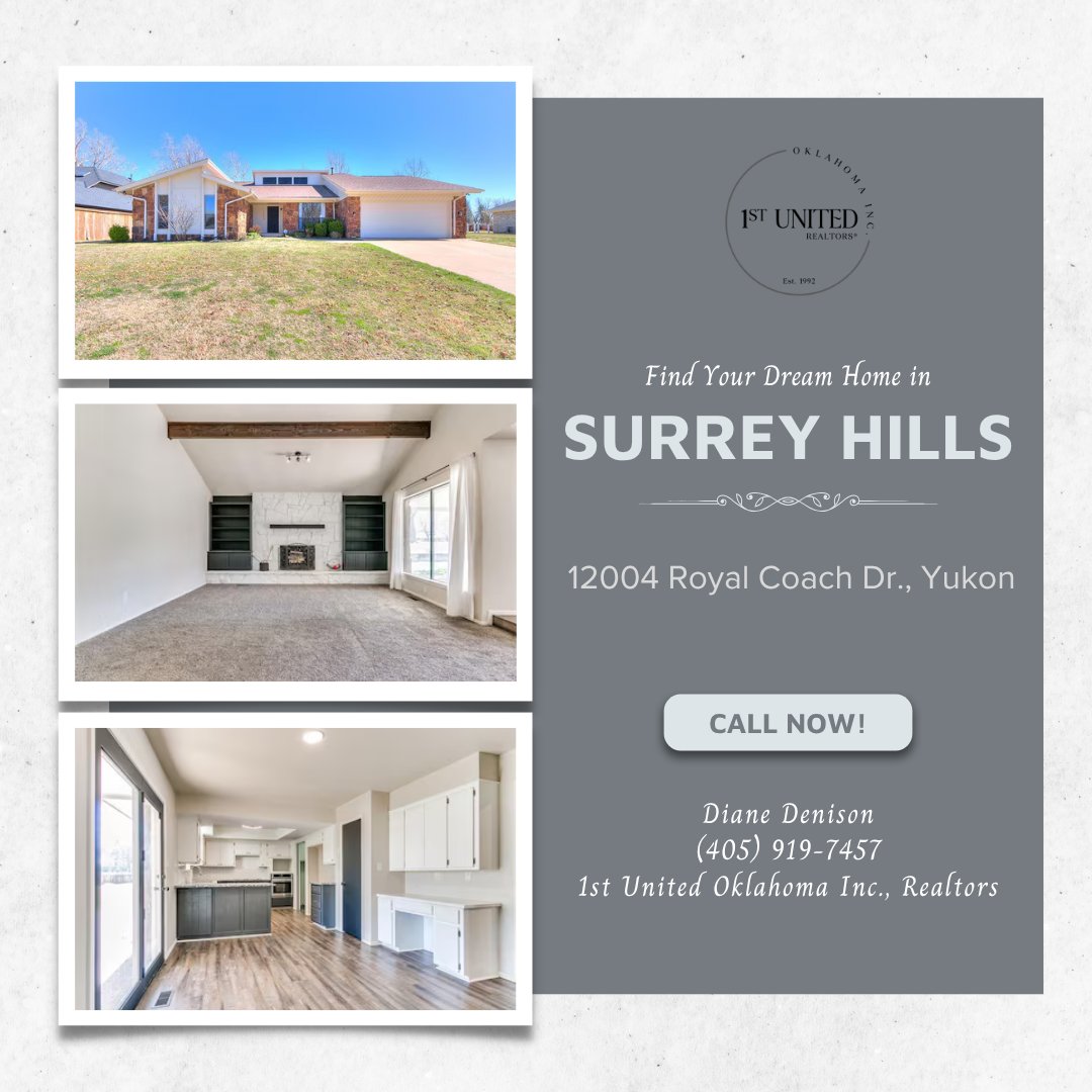 DDenisonRealtor's tweet photo. 2004 Royal Coach Dr., Yukon | $274,900
3 Bed | 2.5 Bath | 2,181 Sq Ft | Surrey Hills Golf Course Views
Stone accent fireplace. Exposed beam living room. Granite kitchen with breakfast bar. 
Diane Denison | (405) 919-7457 | 1st United Oklahoma Inc. https://t.co/RR1sSCZnIr