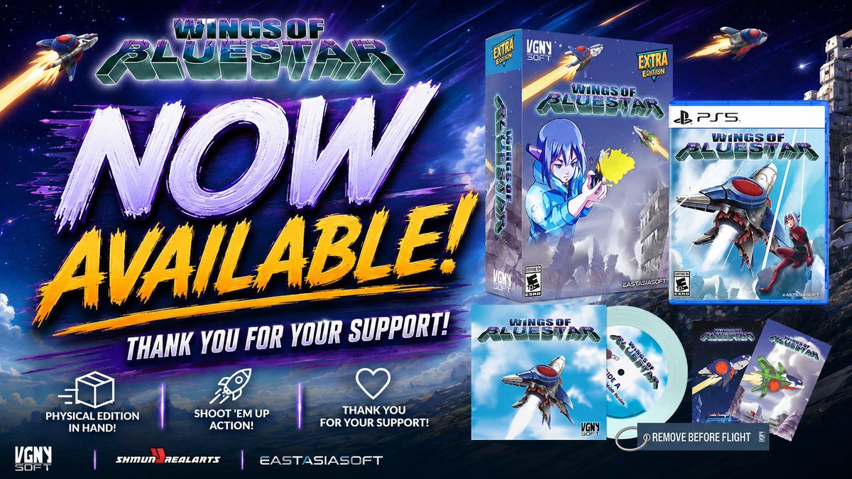 VGNYSoft's tweet photo. Who's ready for an adventure as Wings of Bluestar is NOW AVAILABLE!

Wings of Bluestar is not only an amazing horizontal-scrolling shmup but it features a rich narrative campaign with dialogue choices and multiple endings that shape your journey!

Secure your copy today while supplies last! 

Journey Start: https://t.co/fNzd0ApBAq 

@eastasiasoft @ShinuGames #Shmup #STG #ExtraEdition #PS5 #PhysicalIndie #IndieGaming #ArcadeShmup