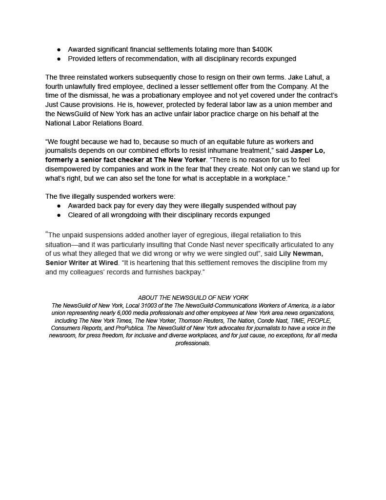 nyguild's tweet photo. WE WON: Our @CondéNast members who were illegally fired and disciplined after taking part in a “march on the boss” in November have been reinstated as part of a more than $400,000 settlement. More details here ... https://t.co/mPONRGVzXZ https://t.co/WpuMqxM35Q