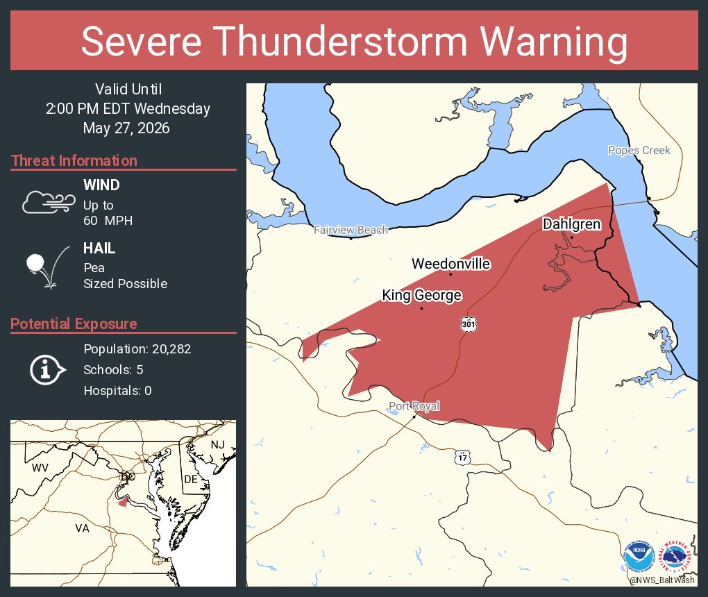 Severe Thunderstorm Warning continues for King George VA, Dahlgren VA ...