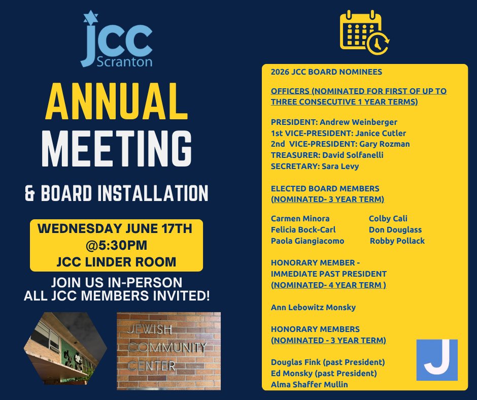 ScrantonJCC's tweet photo. All JCC members and guests are invited to our 2026 Annual Meeting &amp; Board Installation which will be held on Wednesday June 17th at 5:30pm. Mazal tov to our slate of nominees!
RSVP your attendance here: https://t.co/7O2HuQmZHr https://t.co/7a8Fo8nMvf