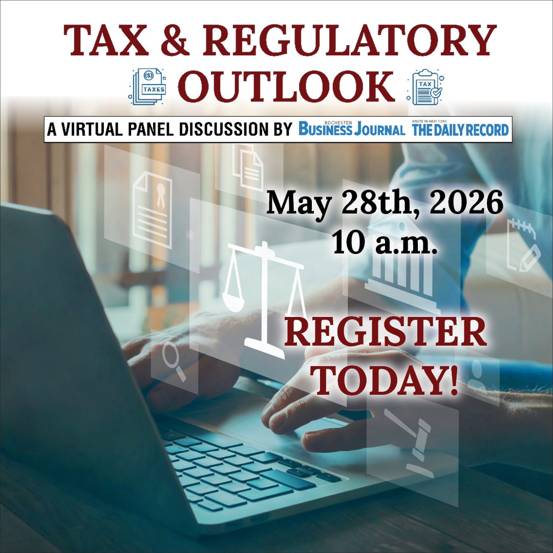 NYDailyRecord's tweet photo. Don't forget to register for our Tax and Regulatory Outlook virtual panel!

Join us and local experts as we discuss key issues shaping the tax and regulatory outlook in the Rochester region.

Register for free here: https://t.co/yiBnGIF9wS https://t.co/ljxcTeU6eu