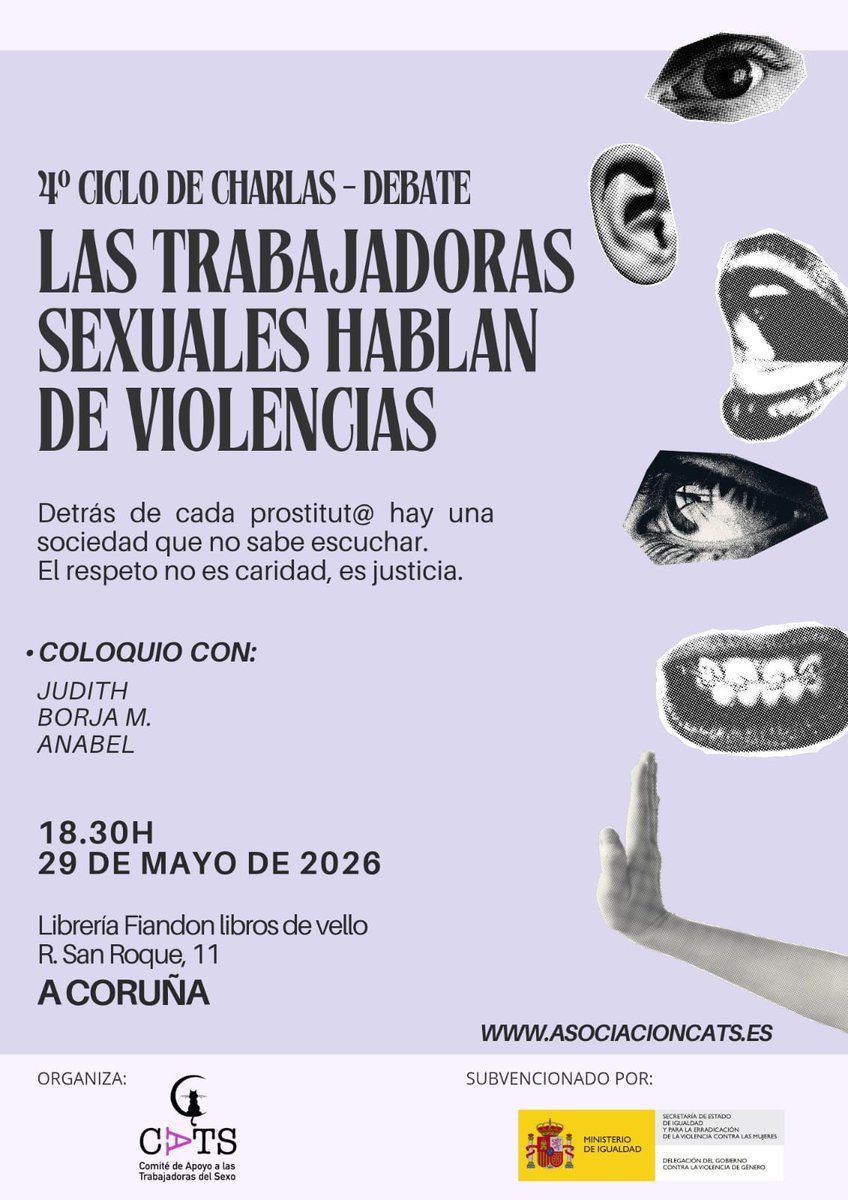 AsociacionCATS's tweet photo. @ObservatorioFG_ @amag_gal @Xunta @IgualdadGob Animaos a acudir a la charla y escuchar a las protagonistas (y ver si realmente van a hacer "blanqueamiento de la prostitución" o no). La segunda hora será de debate con el público asistente. 
Podréis hablar y compartir, siempre desde el respeto. https://t.co/VSSpO1zyTE