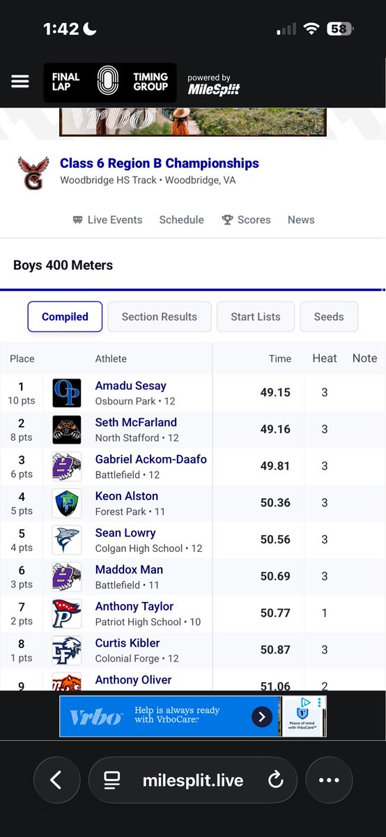 sethmcfarlanda's tweet photo. Had a long 2 days at the Class 6 Region B Championships and left with some medals!

100m: 10.97 (Prelims)
100m: 10.77 PR (2nd)
200m: 21.97 (3rd)
400m: 49.16 (2nd) https://t.co/vTWPX2PQgF