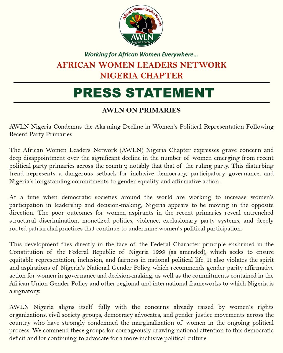 Awln_N's tweet photo. African Women Leaders Network calls for urgent action to protect inclusive governance, gender justice, and equitable representation following the recent party primaries.
@inecnigeria

#AWLNNigeria #WomenInPolitics #GenderInclusion #Democracy https://t.co/rpqNmizztn
