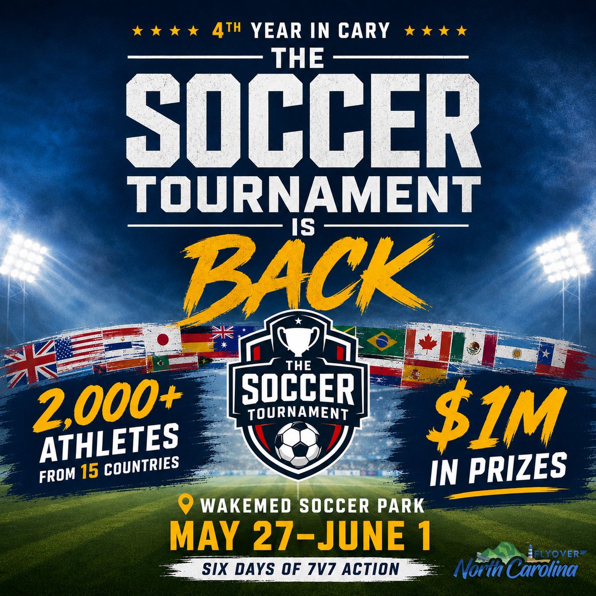 FlyoverNC's tweet photo. The Soccer Tournament is back in Cary for its 4th year. ⚽ Join over 2,000 athletes from 15 countries at WakeMed Soccer Park, May 27–June 1, for six days of 7v7 action, $1M prizes, and stars like Landon Donovan and Hope Solo. Learn more at https://t.co/z6RxuTCIkG. #TST2026 #TheSoccerTournament #CarySoccer