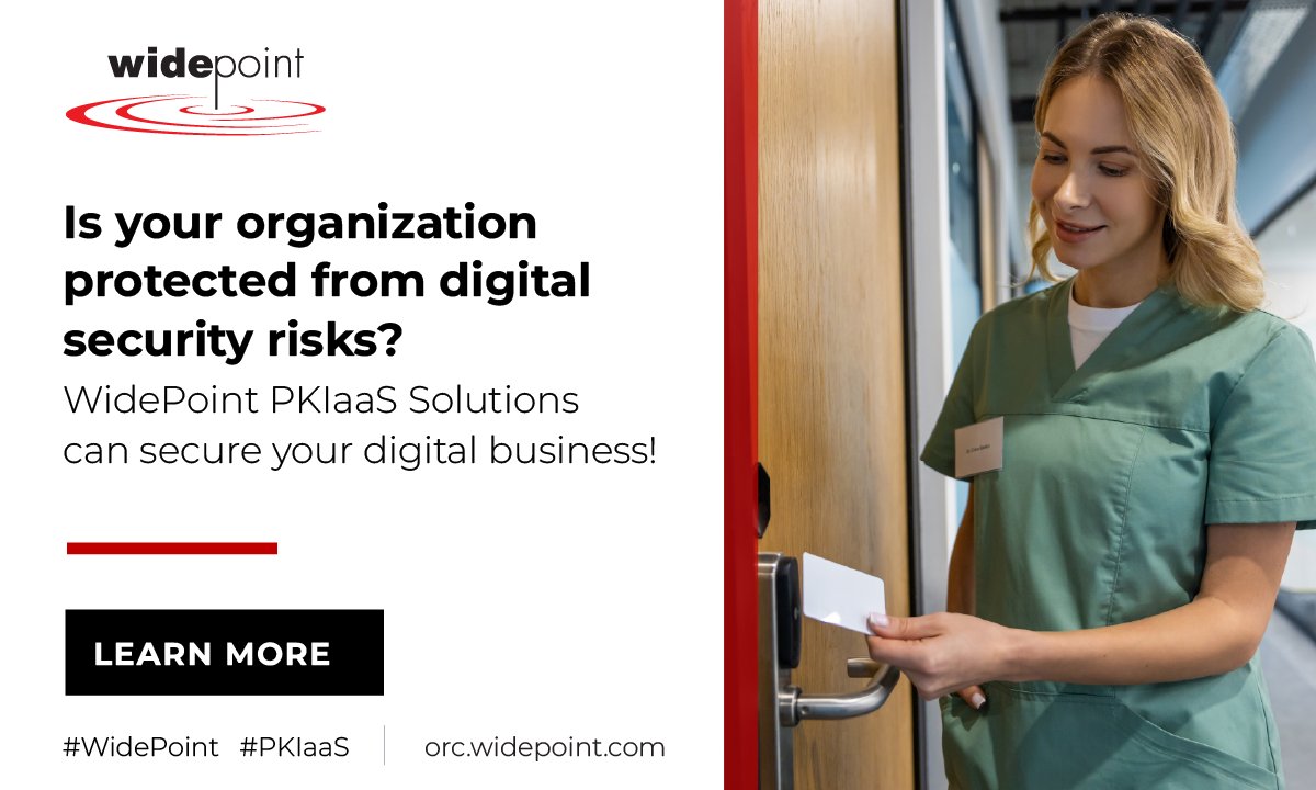 WidePoint's tweet photo. Is your organization protected from digital security risks?
#WidePoint #PKIaaS Solutions can secure your digital business!
https://t.co/fyKBSuB0ZV https://t.co/F9F2j8gWAP