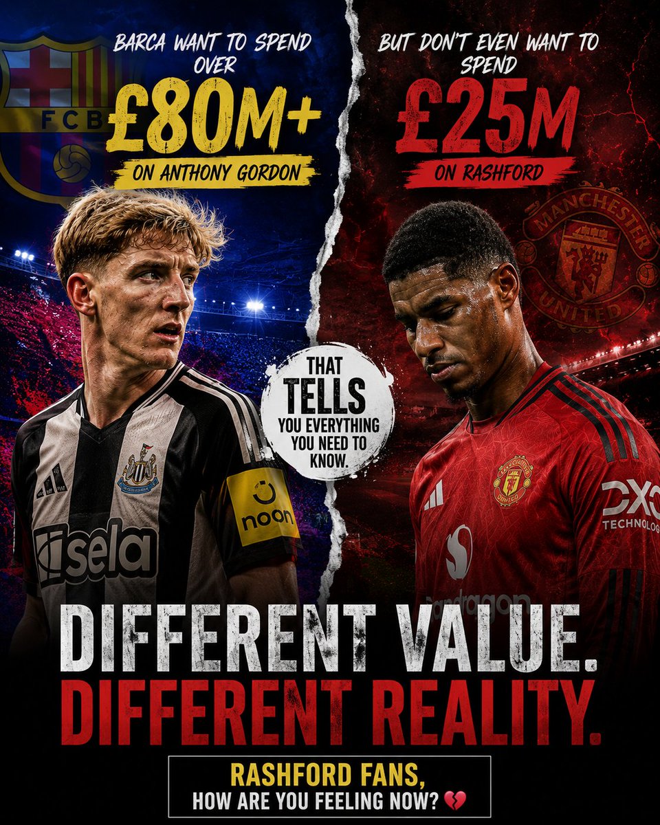 MUFC__Prince's tweet photo. FC Barcelona are ready to spend over £80m on Anthony Gordon…

but don’t even see Marcus Rashford as worth £25m.

That is beyond embarrassing.

Because this is not rival fans talking.
This is how elite clubs now genuinely value Rashford.

Years of inconsistency.
Poor intensity.
Poor decision making.
And living off moments instead of dominant performances.

Football eventually exposes everybody.

And now the same Rashford FC that spent years attacking anyone who criticised him have suddenly gone quiet.
