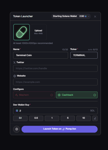 WantedIntel's tweet photo. Terminal just added a launcher for their site proof here 

they also removed agent mode with the new launcher and this is now the official FIRST agentless buyback coin with the new cashback feature

AND FIRST COIN LAUNCHED ON TERMINAL EVER (easy front run of the tweet) https://t.co/DQM5s9mfO0