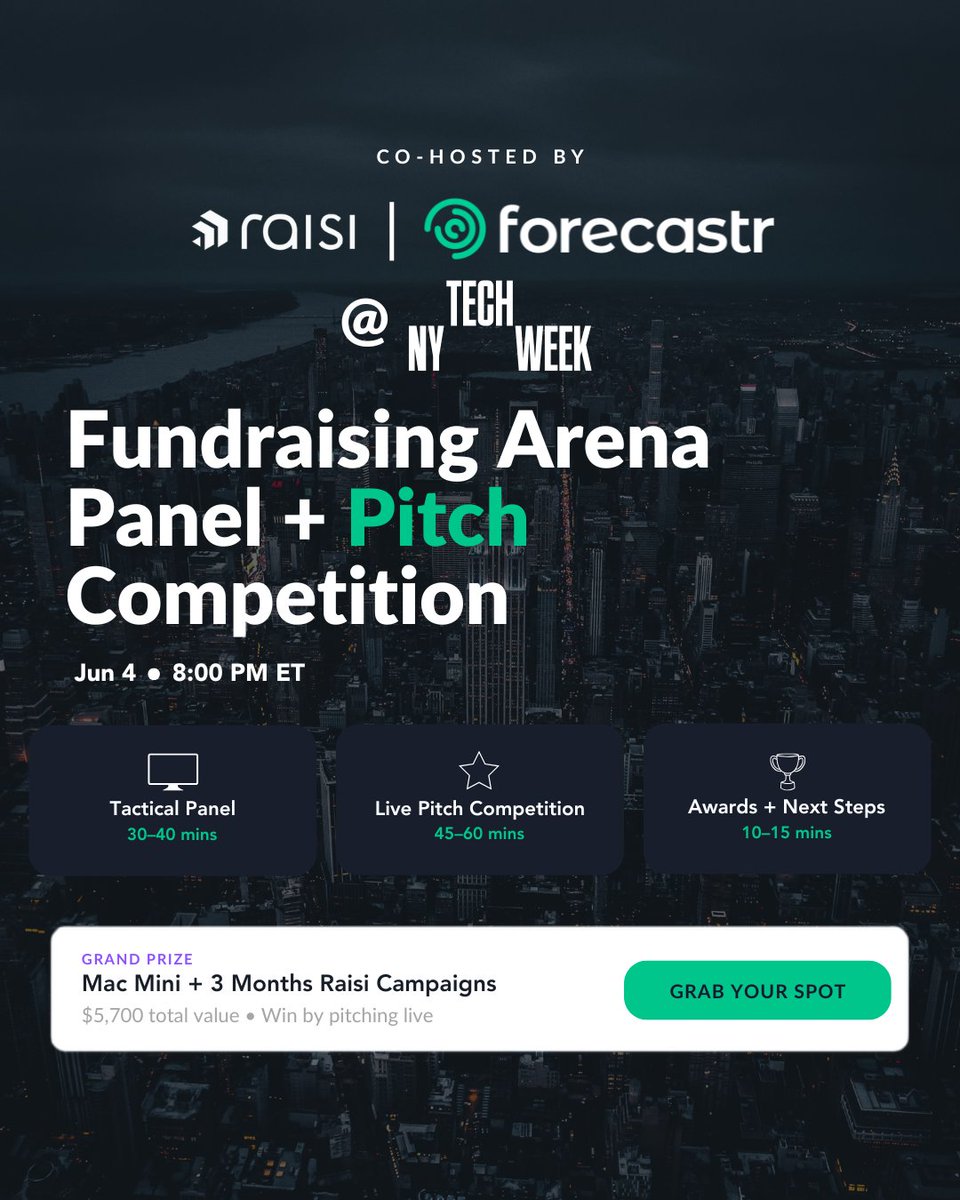 forecastr's tweet photo. Not all NY Tech Week events are built the same. 🎉

Forecastr and Raisi are co-hosting a Fundraising Arena Panel + Pitch Competition on June 4 — a live event for founders actively raising and investors actively writing checks.

A tactical panel on what's working right now. A live pitch competition with real investor feedback. A grand prize worth $5,700 up for grabs.

Come ready to learn, pitch, and connect.

Reserve your spot HERE. 👉 https://t.co/KGGsbv3YO2

#NYTechWeek #Fundraising #PitchCompetition #Founders #Forecastr