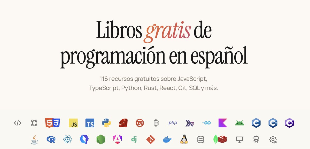 midudev's tweet photo. He recopilado más de 100 libros gratis de programación en español en formatos PDF, HTML y ePUB.

Hay libros y recursos de JavaScript, PHP, Java, TypeScript, Python, React, Rust, Git, SQL y mucho más.

Todo en → https://t.co/82q8JREhV0 https://t.co/Jj0AaAaeE8