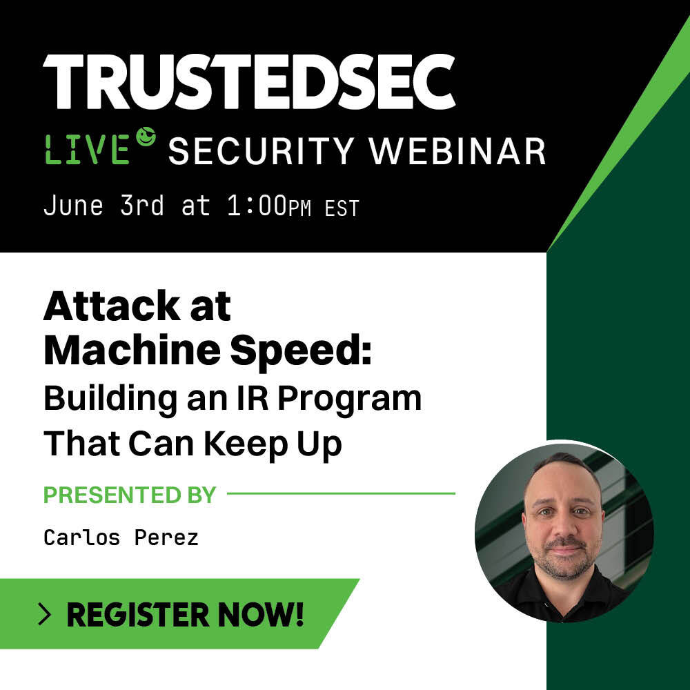 TrustedSec's tweet photo. Are you ready to build an #IR program that meets modern attacks head-on? Join us for our next #webinar and come away with a practical understanding of the foundational elements that make rapid, decisive response possible. Register now! https://t.co/WO2bkhKLoZ https://t.co/RqlH0bhxgu