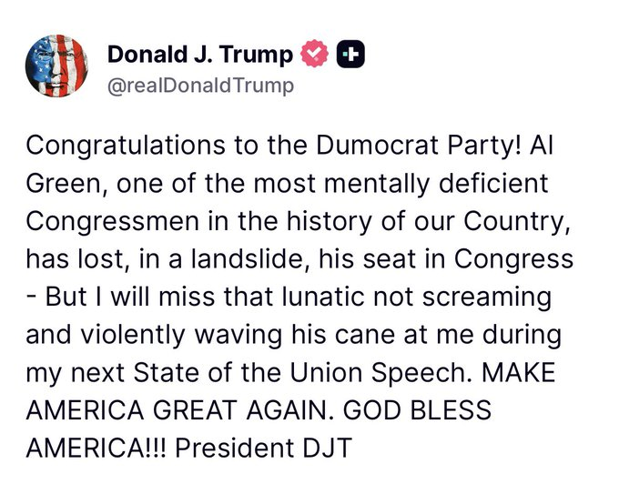 DenRepublican's tweet photo. Yes...just spit my coffee out! 🤣🤣🤣 Trumps Truth Social post got me! Rep Al Green is gone baby! 
#copolitics #algreen 🎶 #heyheyheygoodbye 🎶 https://t.co/cgQTC0AAHP