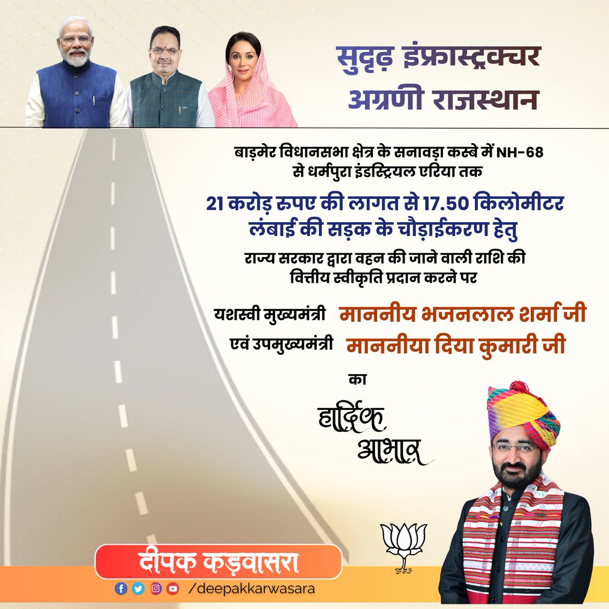 deepakkarwasara's tweet photo. “सुदृढ़ इंफ्रास्ट्रक्चर, अग्रणी राजस्थान”

बाड़मेर विधानसभा क्षेत्र के सनावड़ा कस्बे में NH-68 से धर्मपुरा इंडस्ट्रियल एरिया तक 21 करोड़ रुपए की लागत से 17.50 किमी लंबाई की सड़क के चौड़ाईकरण हेतु राज्य सरकार द्वारा वहन की जाने वाली राशि की वित्तीय स्वीकृति प्रदान करने पर यशस्वी मुख्यमंत्री माननीय भजनलाल शर्मा जी एवं उपमुख्यमंत्री माननीया दिया कुमारी जी का हार्दिक आभार।

@narendramodi @BhajanlalBjp @KumariDiya @BJP4Rajasthan @RajCMO @RajGovOfficial @Bhajanlalofc