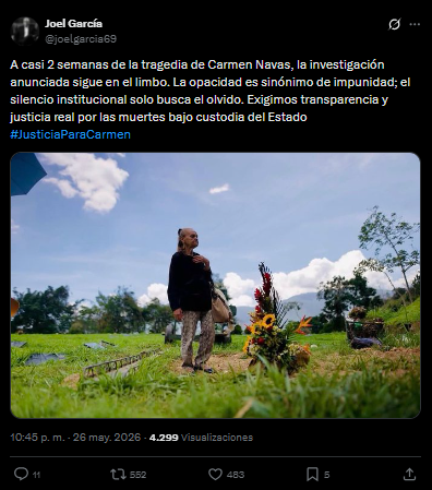 eldiario's tweet photo. #27May | El abogado penalista @joelgarcia69 denunció que sigue "en el limbo" la investigación anunciada por el Ministerio Público por la muerte de Víctor Hugo Quero Navas, informada por las autoridades nacionales el #7May.

"A casi dos semanas de la tragedia de Carmen de Navas, la investigación anunciada sigue en el limbo. La opacidad es sinónimo de impunidad; el silencio institucional solo busca el olvido. Exigimos transparencia y justicia real por las muertes bajo custodia del Estado", escribió García en su perfil de la red social X.