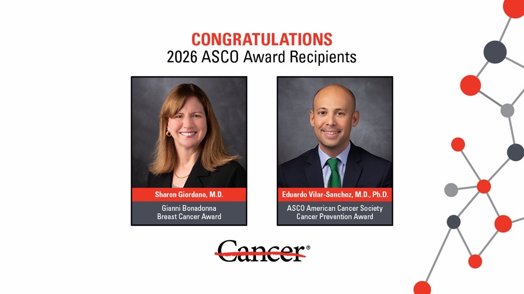 UTMDAnderson's tweet photo. Two researchers will be honored with @ASCO’s 2026 Special Awards: Sharon Giordano for the Gianni Bonadonna Breast Cancer Award and Eduardo Vilar-Sanchez for the ASCO-American Cancer Society Cancer Prevention Award. https://t.co/V6uwjfjB62 @shgiordano @evilarsan #ASCO26 #EndCancer https://t.co/vurS2SfLPj