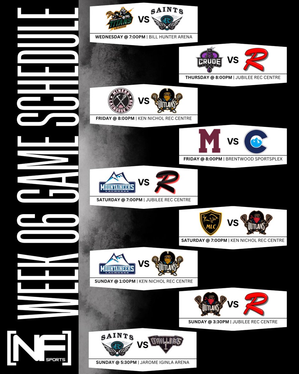 NetFront_Sports's tweet photo. 🥍 WEEK 6 BROADCAST SCHEDULE 🥍

Another 9 game week on tap on the network, all kicking off tonight with the Titans visiting the Saints!

#rmll #lax #lacrosse #schedule #stream https://t.co/EAd9RWBmae
