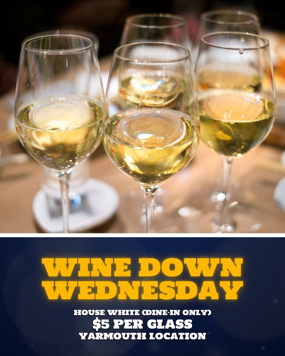 RomeosME's tweet photo. Midweek breaks are easy with a glass of wine! 🍷 Come over to Romeos Yarmouth for Wine Down Wednesday! ✨

Enjoy a glass of our House White for just $5 (Dine-In Only). Grab a friend, share a pizza, and relax.

See you tonight! https://t.co/g63WzOfcUv https://t.co/WlAJl0XtpS