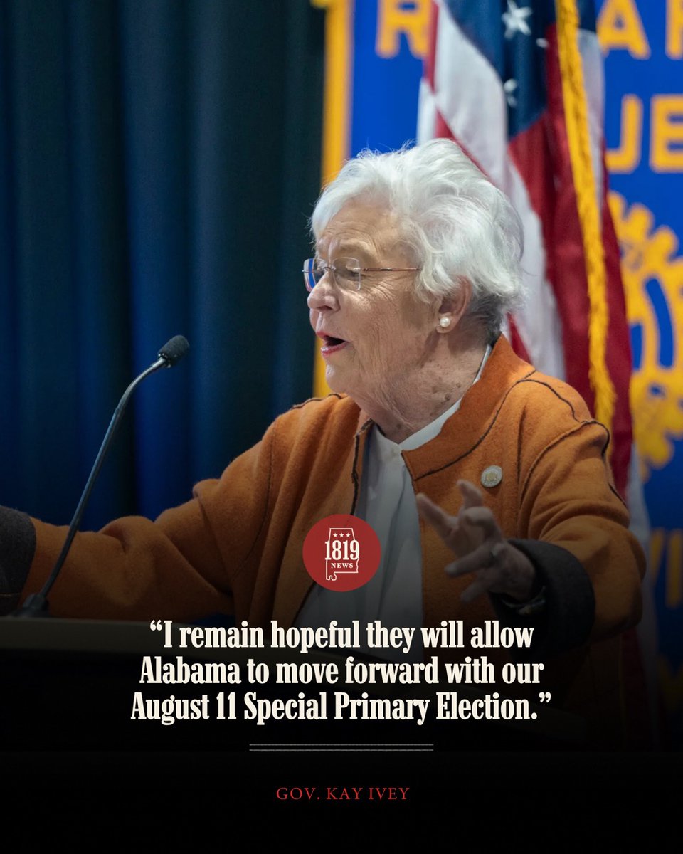 1819News's tweet photo. Ivey said in a statement on Tuesday that she fully supported Alabama appealing the federal court ruling, which would force Alabama to use a more Democrat-friendly congressional map for the 2026 election.

🔗: https://t.co/HGV0reQHqK https://t.co/kKwmBIirq6