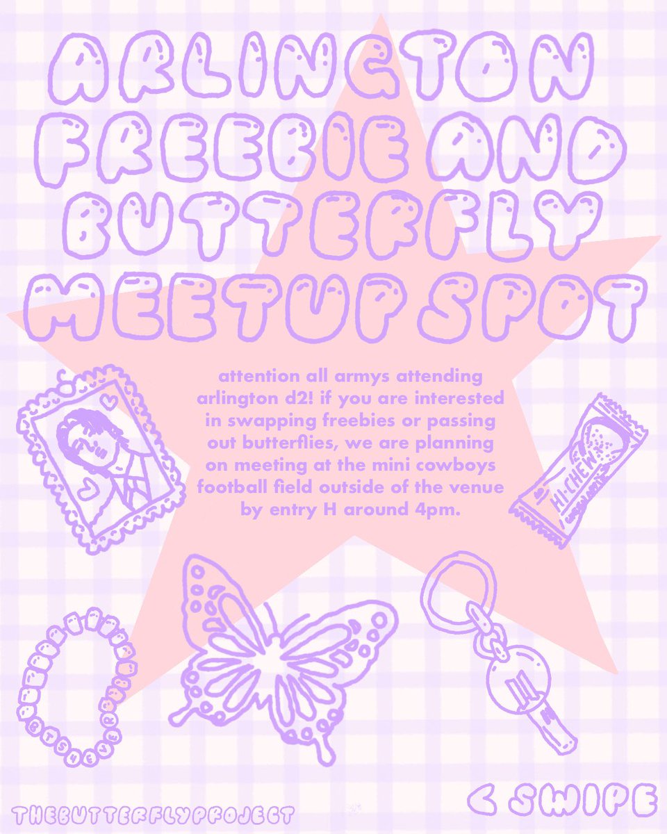 tbfptx's tweet photo. D2 ARLINGTON ARMY, THIS IS FOR YOU 🦋

We’re claiming our spot. 
ARLINGTON FREEBIE + BUTTERFLY MEETUP 
📍 AT&T Stadium | Mini Cowboys Field at Gate H 
📅 August 16th | 4pm

Bring your freebies, bring your butterflies, bring your feral concert energy. 

🦋 We’re swapping freebies, passing out butterflies for the The Butterfly Project, and letting BTS know that Texas ARMY showed UP and showed OUT!

Flyer has all the details ⬆️

Tag your concert buddy. If you see this, you’re invited. 
The Butterfly Project | by ARMY, for BTS 

#BTSinArlington #100KButterflyProject #BTS #Borahae #TexasARMY #btsfanproject #btsarmy #bangtansonyeondan