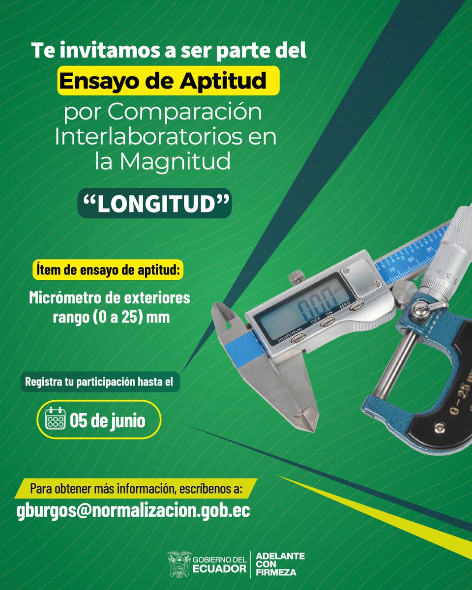 INEN_EC's tweet photo. ¡Los ensayos de aptitud fortalecen las mediciones!

El #INEN invita a laboratorios, industria, academia y centros de investigación a participar en el Ensayo de Aptitud sobre calibración de micrómetros de exteriores.

📅Regístrate hasta el 05 de junio: https://t.co/3bAkRPNOEU https://t.co/3IKGgBP5uD