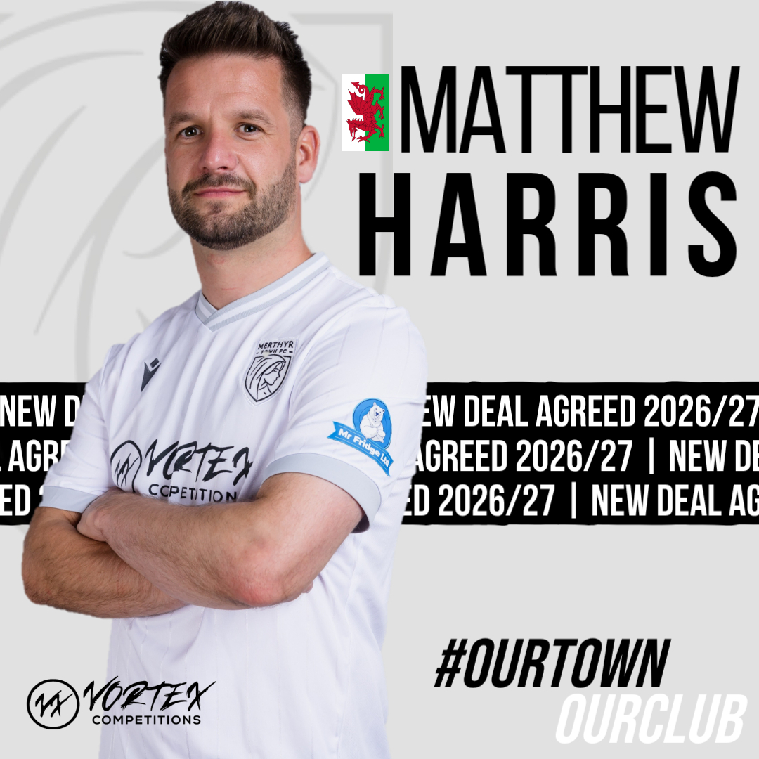 MerthyrTownFC's tweet photo. ©️ The Martyrs are delighted to announce that club captain, Matthew Harris has agreed terms for the 2026/27 season! 

Closing in on 500 appearances for the Martyrs, Matty will be leading us into the National League North once again 👊🏼

#OurTownOurClub | @00harrm1 https://t.co/nuFSuXJ2ad