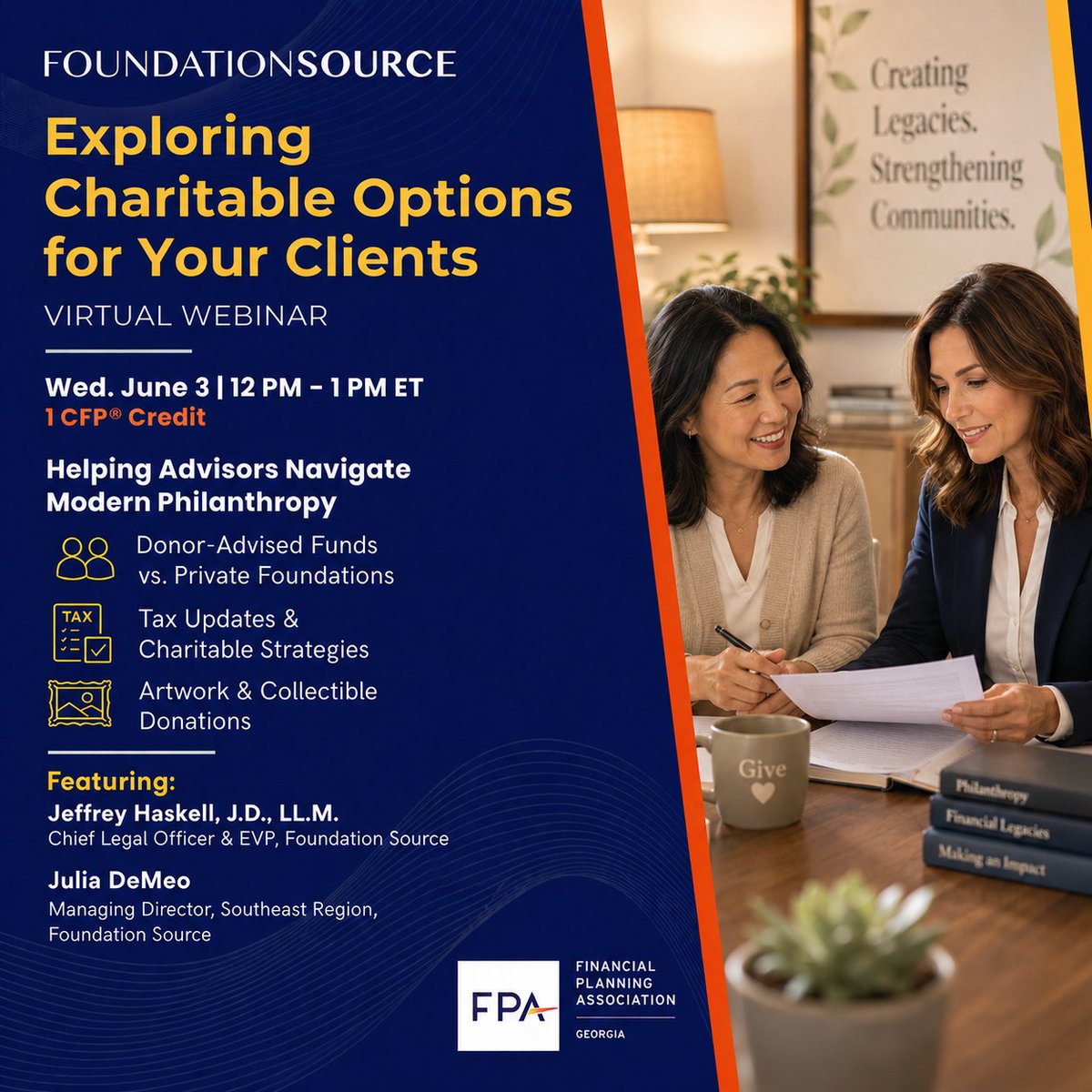 FPAGeorgia's tweet photo. A friendly reminder that on June 3 from 12:00 PM – 1:00 PM, we will be hosting a webinar:

“Exploring Charitable Options for Your Clients”

Earn 1 CFP® CE  

Register here: https://t.co/DMMaXT97YZ https://t.co/VVCI3FCrF8