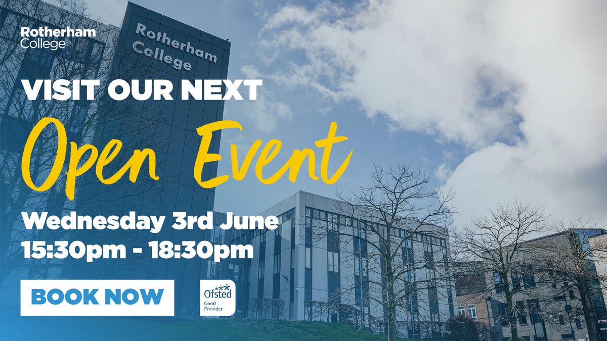 RotherhamColl's tweet photo. #FuturesForEveryone

Explore your future at Rotherham College.

Join us at our Open Event to discover our wide range of courses, T Levels, and Apprenticeships.

Book your place: https://t.co/RmWXmsSStP

#OpenEvent #Rotherham #College https://t.co/13aDVWFt3d