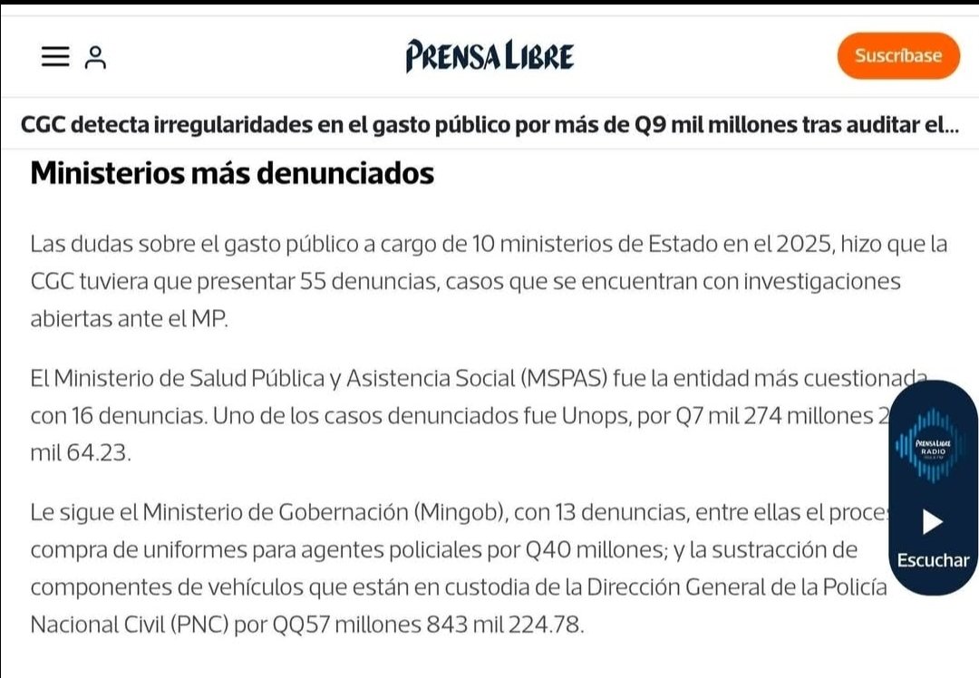 Herman5818Pb's tweet photo. 🚨🚨 Urgente Guatemala 🚨 🚨 
Corrupción total en el gobierno de Bernardo Arévalo. Se robaron más de 8 mil millones de quetzales. Según la 
Contraloría general de cuentas.

 GUATEMALTECOS, QUE NO LES ENGAÑEN, AHORA QUE SE FUERON LOS ANTERIORES ENCARGADOS DEL Ministerio Público de Guatemala QUIEREN HACER VER QUE NO ERA CORRUPCIÓN. PERO DATOS MATAN RELATOS.

#CORRUPCIÓNTRANSNACIONAL: EL CONTRATO DEL GOBIERNO CON #UNOPS
"El Ministerio de Salud Pública y Asistencia Social  (#MSPAS) fue la entidad más cuestionada con 16 denuncias. Uno de los casos denunciados fue Unops, por Q7 mil 274 millones 272 mil 64.23.

Le sigue el Ministerio de Gobernación Guatemala  (#Mingob), con 13 denuncias, entre ellas el proceso de compra de uniformes para agentes policiales por Q40 millones; y la sustracción de componentes de vehículos que están en custodia de la Dirección General de la Policía Nacional Civil (#PNC) por QQ57 millones 843 mil 224.78." [Prensa Libre]

Link: ⬇️

#CGC detecta irregularidades en el gasto público por más de Q9 mil millones tras auditar el ejercicio fiscal 2025 https://t.co/5k3elgUfNj