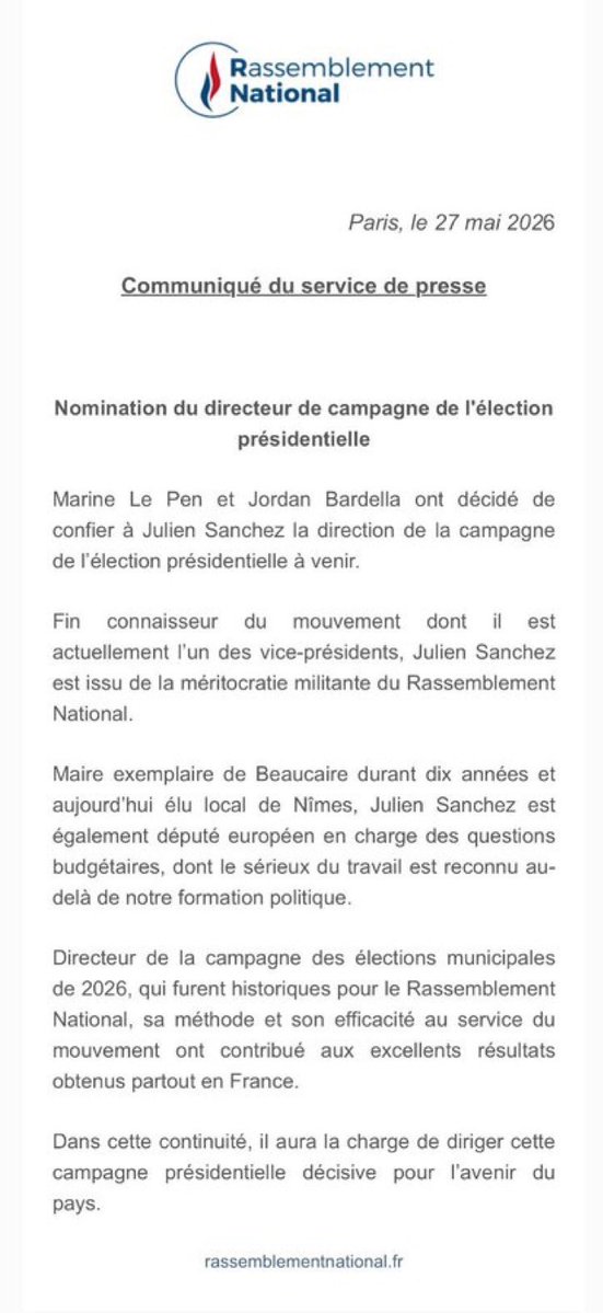 louis_aliot's tweet photo. 👏 Félicitations à @jsanchez_rn qui dirigera la campagne présidentielle de 2027 pour le RN, comme annoncé par @MLP_officiel et @J_Bardella ! Le @RNational_off se met en ordre de marche pour gagner et enfin redresser la France 🇫🇷 https://t.co/RYlLjYgdMA