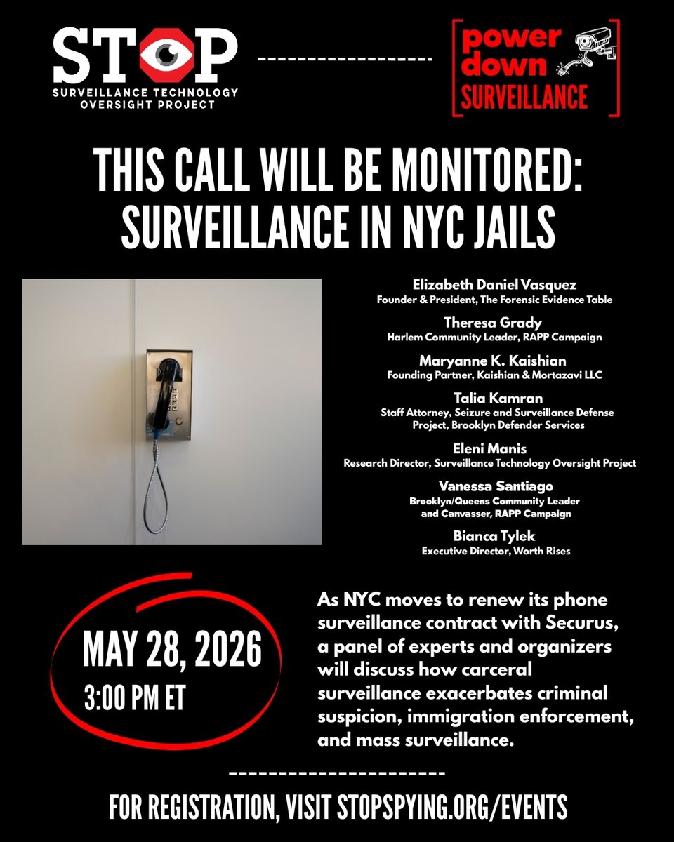 STOPSpyingNY's tweet photo. Join us tomorrow, May 28, for a #PowerDownSurveillance webinar on how carceral surveillance is eroding civil liberties and exposing vulnerable communities to false arrest, immigration enforcement, and mass surveillance. RSVP: https://t.co/ek75gaLX8u https://t.co/cv7MAXyPUs