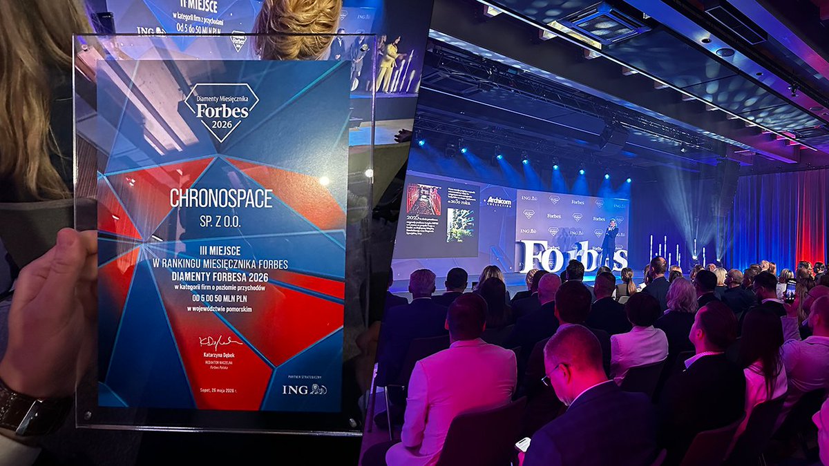 dev_Chronospace's tweet photo. Chronospace na podium Diamentów Forbesa 2026! 💎 

Z ogromną dumą i radością dzielimy się z Wami fantastyczną wiadomością. Podczas wczorajszej, uroczystej Gali w Sopocie, Chronospace Sp. z o.o. odebrała nagrodę i oficjalnie zajęła III MIEJSCE w prestiżowym rankingu Diamenty Forbesa 2026 (w kategorii firm o poziomie przychodów 5-50 mln PLN w województwie pomorskim)! 

To dla nas niesamowite wyróżnienie, które potwierdza, że obrany przez nas kierunek dynamicznego rozwoju, innowacyjności i rzetelności biznesowej przynosi realne efekty. Znalezienie się w gronie najszybciej rozwijających się przedsiębiorstw w Polsce to potężna motywacja do dalszego działania.

Komu zawdzięczamy ten sukces? 💪 Naszemu zespołowi - Wasza pasja, codzienne zaangażowanie, talent i determinacja w dążeniu do doskonałości są fundamentem każdego naszego osiągnięcia. 
Naszym Klientom i Partnerom Biznesowym - dziękujemy za zaufanie, którym obdarzacie nas każdego dnia. Wasze wyzwania napędzają nas do ciągłego podnoszenia poprzeczki i dostarczania rozwiązań najwyższej jakości.

Trójmiasto i całe Pomorze udowadniają, że są silnym, dynamicznym hubem biznesowym na mapie Polski. Cieszymy się, że jako Chronospace mamy w tym swój aktywny udział!

Nie zwalniamy tempa. Przed nami kolejne ambitne cele i projekty, w które wkraczamy z jeszcze większą energią.
Dziękujemy Forbes Polska oraz ING Polska za to wyróżnienie. Gratulujemy również wszystkim pozostałym laureatom! 🤝

#forbes #ing #chronospace #diamenty #nagroda