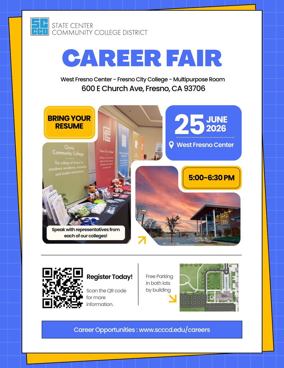 scccdcareers's tweet photo. Join our Career Fair on Thursday, June 25, 2026, from 5PM - 6:30PM at our West Fresno Center - FCC location. Showcasing both Academic Faculty and Classified Professional career opportunities! Scan the QR Code on our flyer for more info.
#scccdcareers #fresnojobs #fresnojobfair https://t.co/miPmuul0Hc
