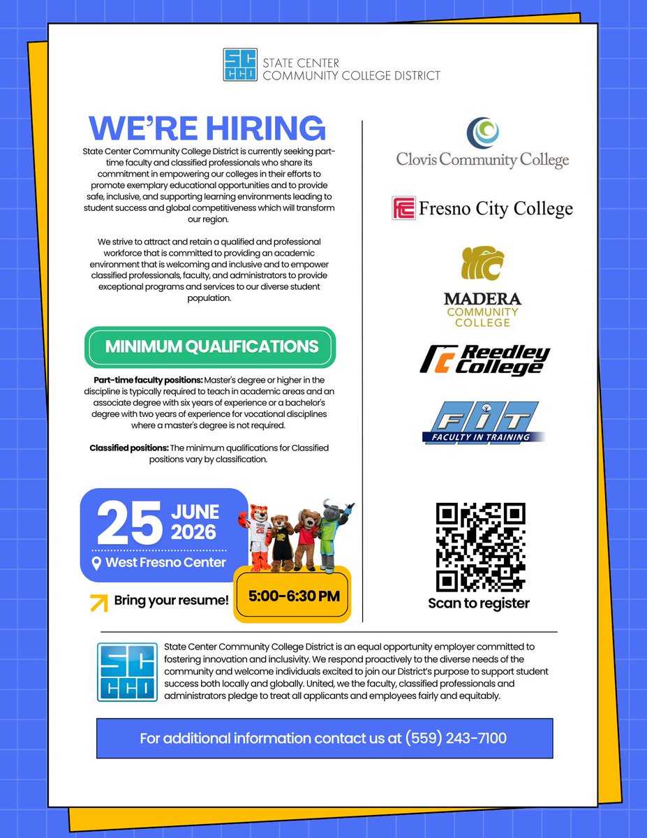 scccdcareers's tweet photo. Join our Career Fair on Thursday, June 25, 2026, from 5PM - 6:30PM at our West Fresno Center - FCC location. Showcasing both Academic Faculty and Classified Professional career opportunities! Scan the QR Code on our flyer for more info.
#scccdcareers #fresnojobs #fresnojobfair https://t.co/miPmuul0Hc