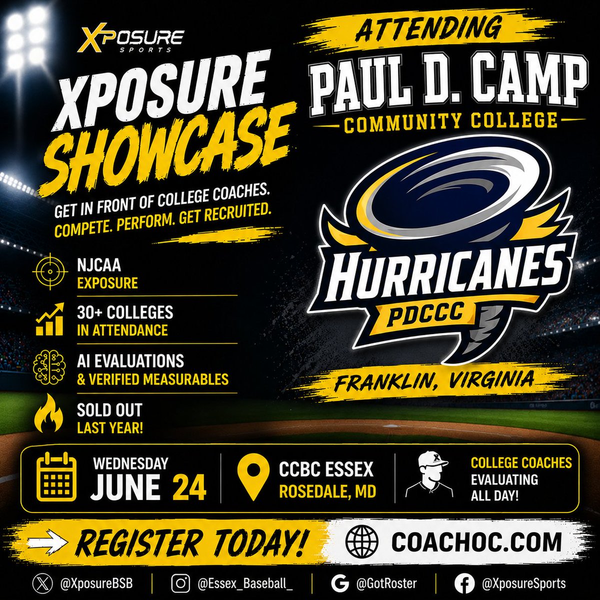 Coach_OC's tweet photo. 🌪️ Paul D. Camp Community College Baseball will be at the Wednesday, June 24 Xposure Showcase at CCBC Essex in Rosedale, MD.

⚾ NJCAA Exposure
🔥 37 Colleges Attending
📈 SOLD OUT last year
Register:
https://t.co/FGRpo66MOE
@XposureBSB @Essex_Baseball_ @GotRoster @pdc_baseball https://t.co/NA1qHW3zMc