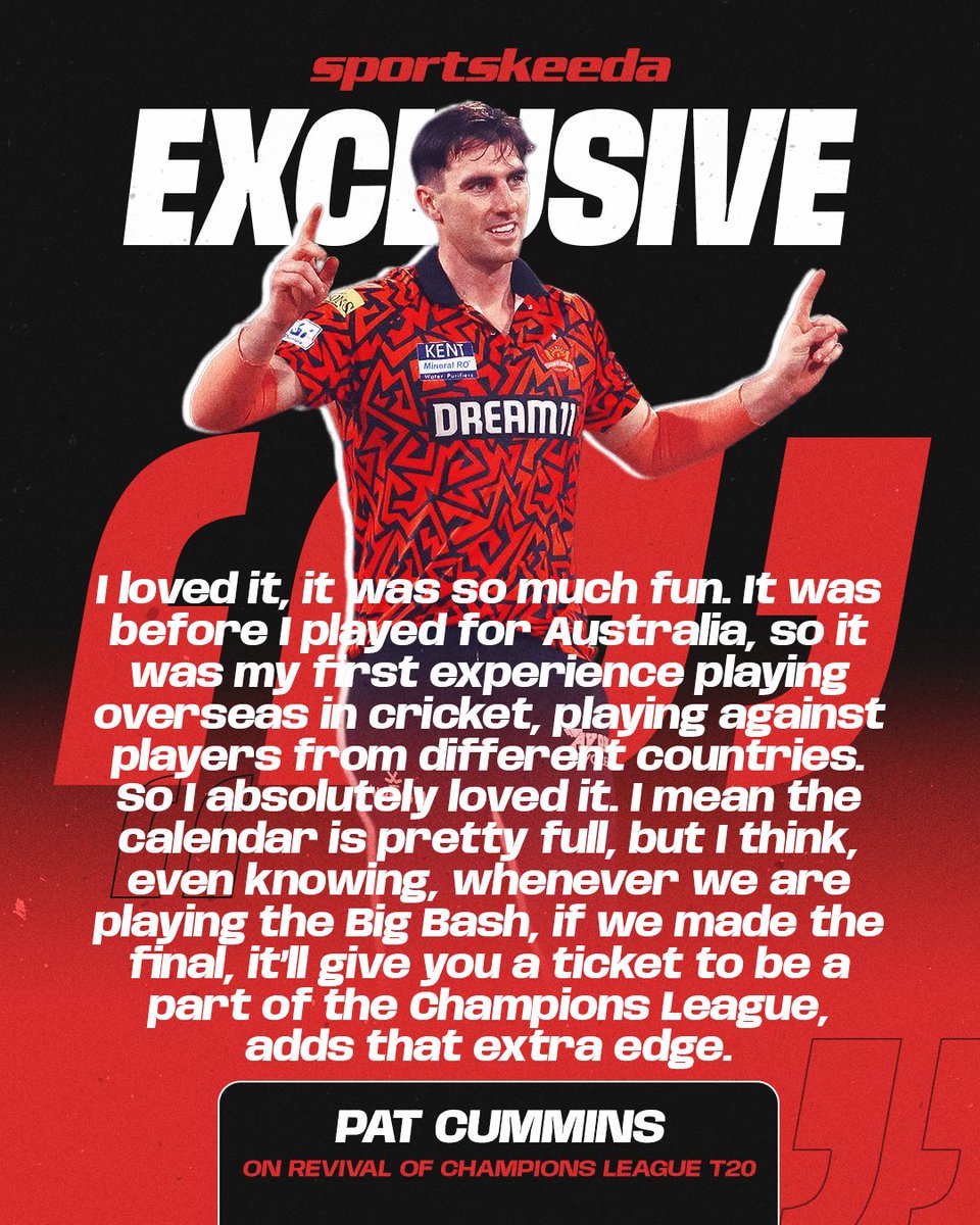 Sportskeeda's tweet photo. Pat Cummins loved his early overseas cricket experience and backed the return of the Champions League T20! 🏏✨

Read the full interview: https://t.co/ytIYCo7ljC

(Cummins spoke while inaugrating New Balance's new retail concept in the country at DLF Mall of India, Noida on May 19.) 

#SRH #PatCummins #IPL2026 #Sportskeeda