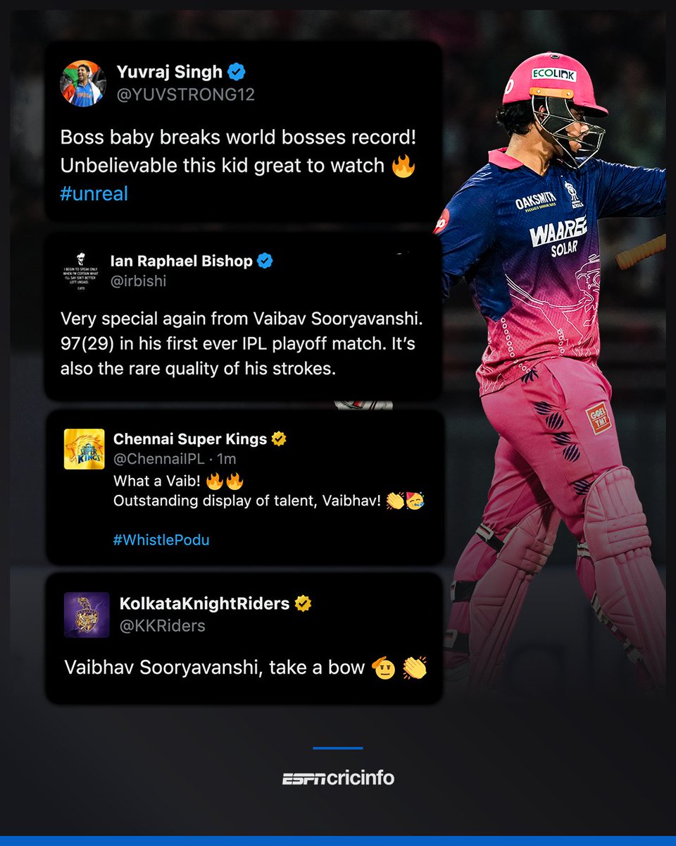 cricinfo's tweet photo. Players, commentators, teams - everybody is in awe of that Vaibhav Sooryavanshi knock 🙌 https://t.co/wl3tQ1Hdam