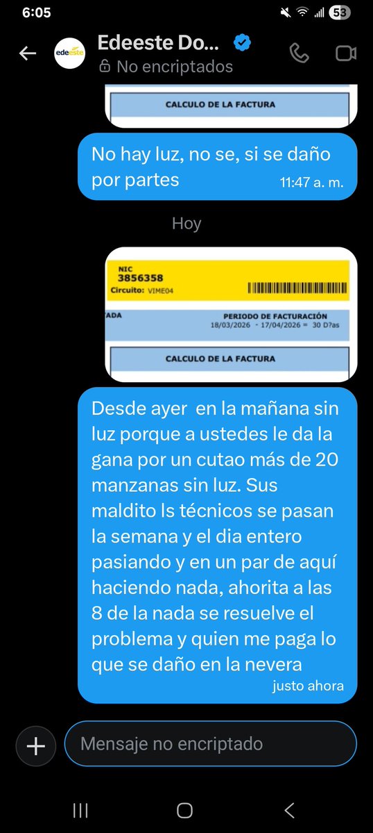 lanascar's tweet photo. @EdeesteRD tenemos más de 24 horas sin luz por un cutao disparado, y no hay forma que edeeste más a un técnico con una extensión para colocarlo que ni es en un camión que necesitan https://t.co/ILxf8kSXRv