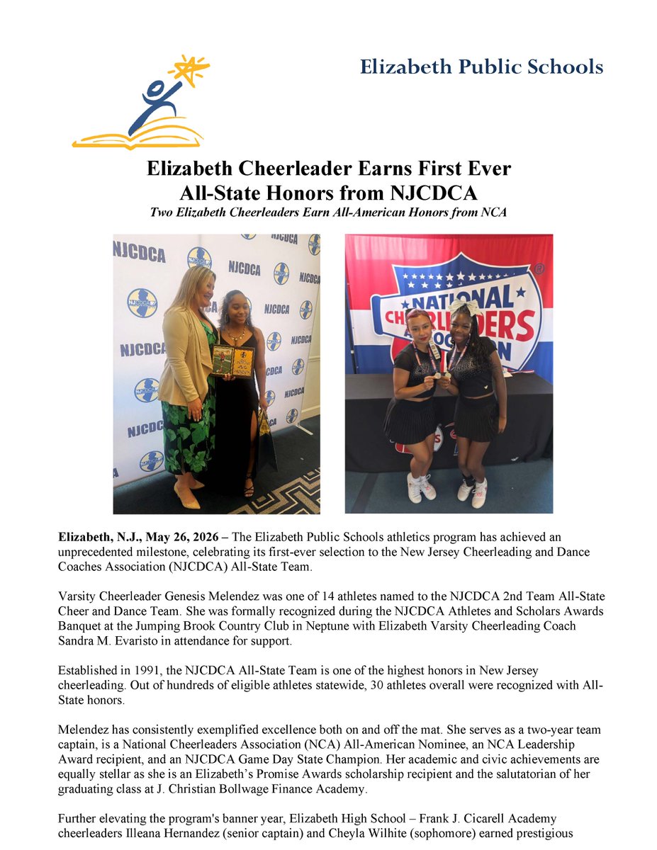 epsBOARD's tweet photo. Elizabeth Cheerleader Earns First Ever
All-State Honors from NJCDCA
Two Elizabeth Cheerleaders Earn All-American Honors from NCA https://t.co/A1bmpcLHNN