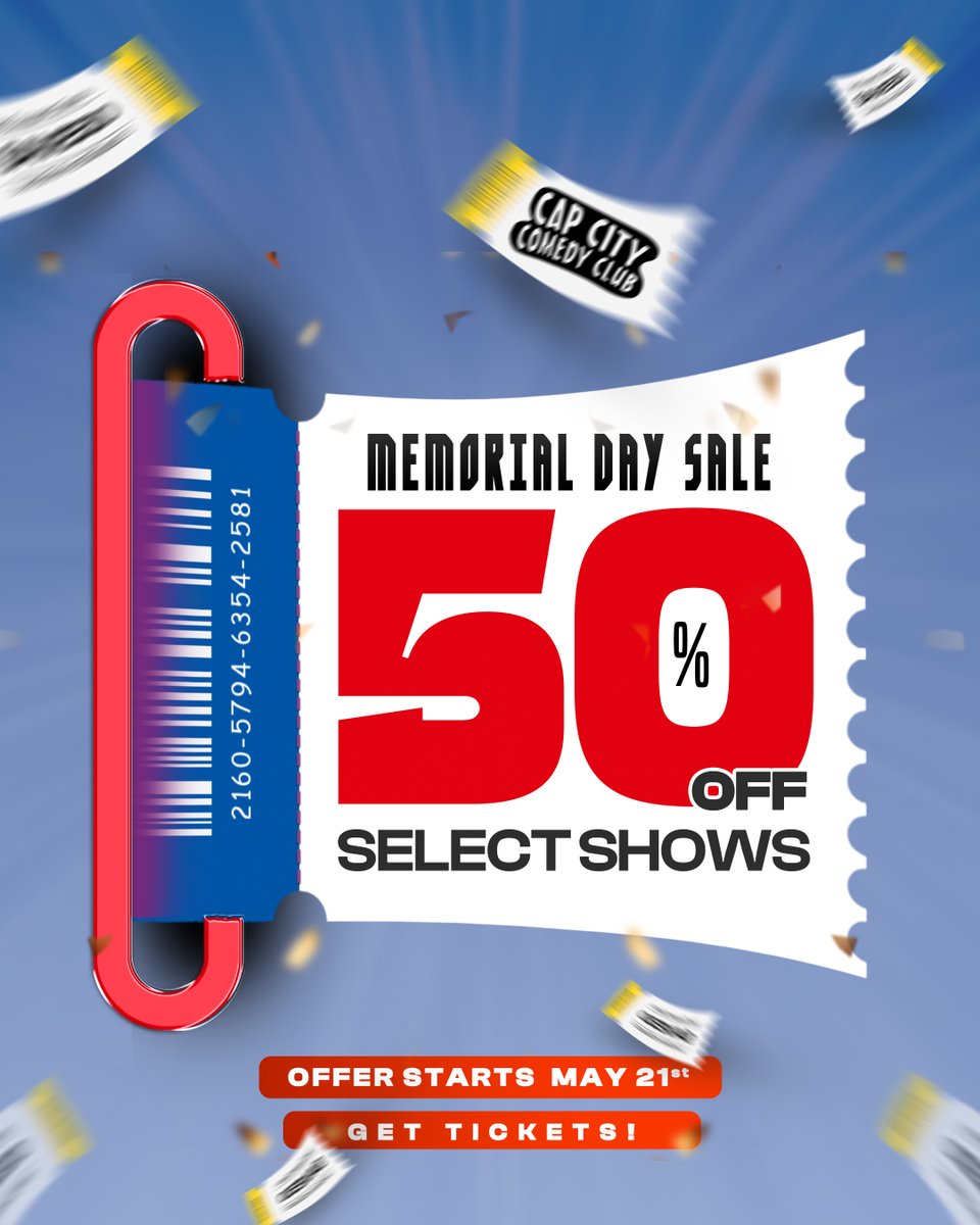 CapCityComedy's tweet photo. Our Memorial Day ticket sale continues through Friday! 50% off select tickets 🎟️

Buy tickets: https://t.co/TwJK3K5Kou https://t.co/AwjBmgoJs4