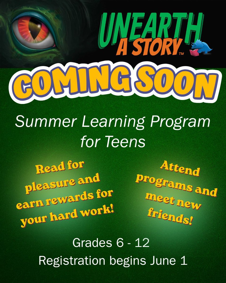 HankinLibrary's tweet photo. Unearth a Story is COMING SOON! 

Our Summer Learning Program for Teens is right around the corner. Read for pleasure and earn rewords for your hard work. We have lots of fun programs planned for you too. Grades 6-12. Registration begins June 1.

#HankinLibrary #UnearthAStory https://t.co/J7hbtMKS4y