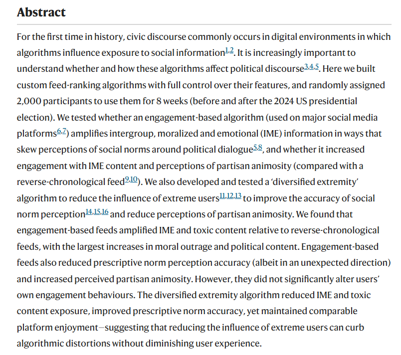 william__brady's tweet photo. ✨New paper out @SpringerNature✨ For 8 weeks around the 2024 US election, we randomly assigned 2,000 people to use social media algos we custom-built. Do engagement-based algorithms amplify intergroup, moral &amp; emotional content + does that distort how we see political norms? 🧵 https://t.co/qlSZqef6Po